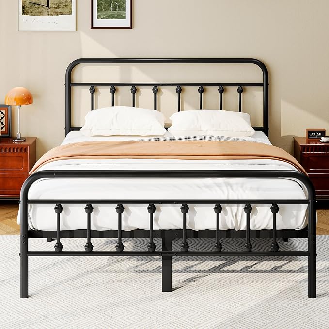 zunatu King Size Metal Bed Frame with Victorian Style Headboard and Footboard, Steel Slat Support Platform Bed, No Box Spring Needed, Under Bed Storage, Easy Assembly, Black