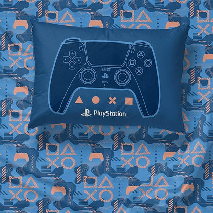 Jay Franco Kids Sheet Cartoon Set with Fitted, Flat Sheets & Pillow Cover - Ultra-Soft Bedding with Pillowcase for Room Decor, Blue - PlayStation, 3 Piece Twin