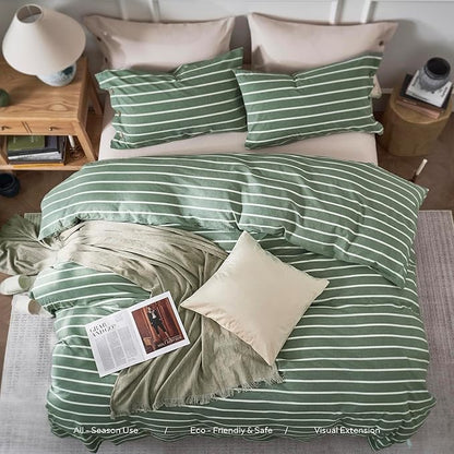 JELLYMONI Cotton Duvet Cover Queen Size - Green Striped Comforter Cover with Button 100% Washed Cotton 3PCS Breathable Soft Solid Bedding Set Duvet Cover 90×90in & 2 Pillowcases (NO Comforter)