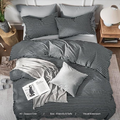 JELLYMONI Cotton Duvet Cover Queen Size - Gray Pinstriped Comforter Cover with Button 100% Washed Cotton 3PCS Breathable Soft Solid Bedding Set Duvet Cover 90×90in & 2 Pillowcases (NO Comforter)