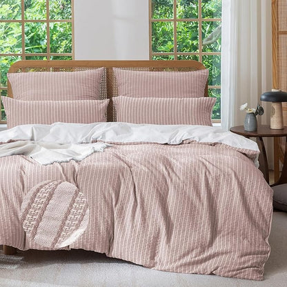 MILDLY Jacquard Stripe Duvet Cover - 100% Washed Cotton Pale Mauve Boho Textured Comforter Cover Set with Zipper Closure 104"x90"