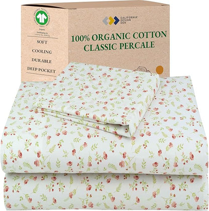 California Design Den Twin Floral Sheet Set, 100% Organic Cotton Percale Sheets, Deep Pocket Twin Sheets & Pillowcase Set - Floral