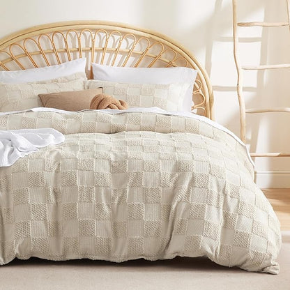 Bedsure Boho Kids Duvet Cover Queen Size（Duvet Insert/Comforter not Included - Checkered Duvet Cover Queenfor All Seasons,Soft Shabby Chic Boho Bedding (Beige, 90" x 90")