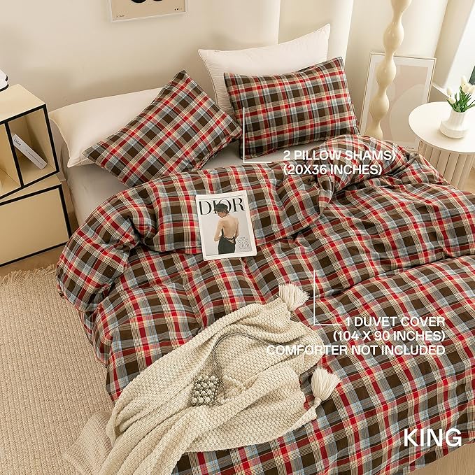 ECOCOTT Buffalo Plaid Duvet Cover King Size– 3 Piece Washed Cotton Bedding Set with Classic Checkered Pattern, Red & Brown Duvet Cover with Pillowcases for All Seasons