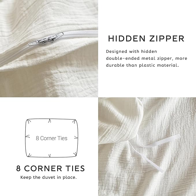 SE SOFTEXLY Muslin Duvet Cover Queen Size, 100% Washed Cotton Duvet Cover Set, Ultra Soft Comforter Cover Linen Like, 3 Pieces Minimalist Gauze Duvet Cover with 2 Pillowcases, 80"x90", White