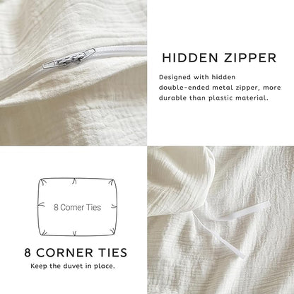 SE SOFTEXLY Muslin Duvet Cover Queen Size, 100% Washed Cotton Duvet Cover Set, Ultra Soft Comforter Cover Linen Like, 3 Pieces Minimalist Gauze Duvet Cover with 2 Pillowcases, 80"x90", White