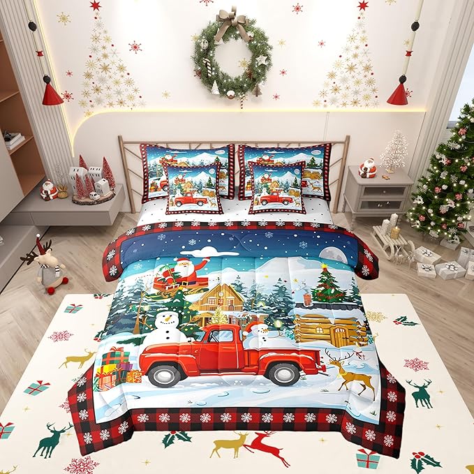 Cartoon Christmas Truck Comforter Set Bed in a Bag 7 Pieces Queen,Watercolor Snowman Santa Claus Bedding Set, Cabin (Comforter+Fitted+Flat Sheet+2 Pillowcases+2 Throw Pillow Covers)