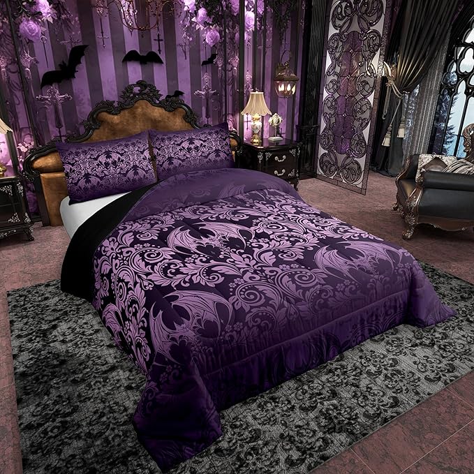 Feelyou Gothic Damask Print Comforter Set Toddler Size Purple Goth Bat Victorian Floral Bedding Set for KidsBoho Bohemian Exotic Duvet Quilt Bedroom Decor Microfiber 2 Pcs with 1 Pillow Cases