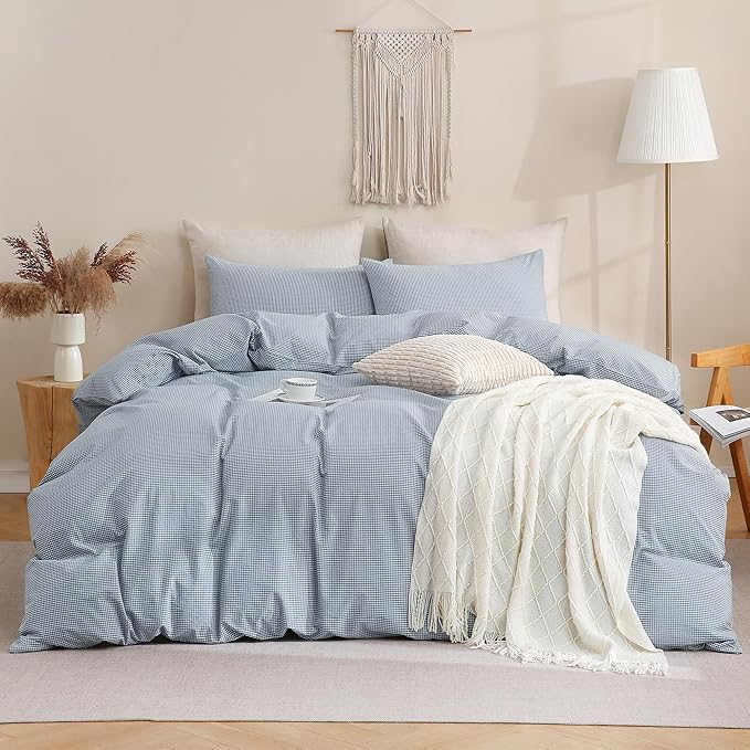 TOCOMOA Mini Gingham Blue Duvet Cover Bedding Set 100% Washed Cotton Like Linen Feel Super Soft Comfortable 3 Piece Small Plaid Checkered Comforter Cover Set (King 104"x90", Comforter Not Included)