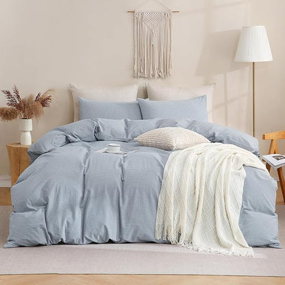 TOCOMOA Mini Gingham Blue Duvet Cover Bedding Set 100% Washed Cotton Like Linen Feel Super Soft Comfortable 3 Piece Small Plaid Checkered Comforter Cover Set (King 104"x90", Comforter Not Included)