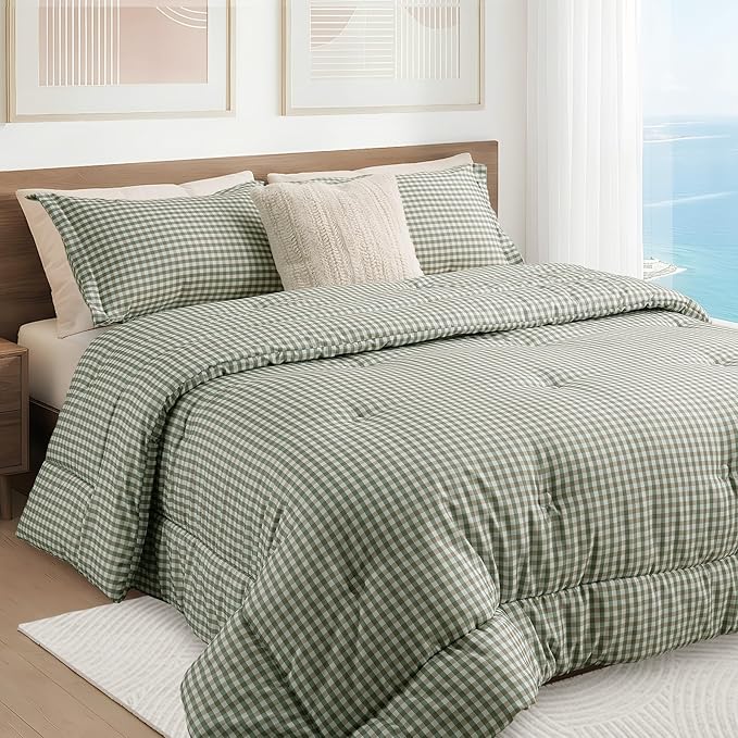Full Comforter Set, Modern Plaid Checkered Bedding, Green Gingham Brown Grid Bed Comforter, Soft Fluffy Breathable Farmhouse Dorm Bedding, All Seasons 3 Piece Set | gingham