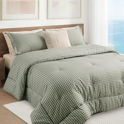 Full Comforter Set, Modern Plaid Checkered Bedding, Green Gingham Brown Grid Bed Comforter, Soft Fluffy Breathable Farmhouse Dorm Bedding, All Seasons 3 Piece Set | gingham