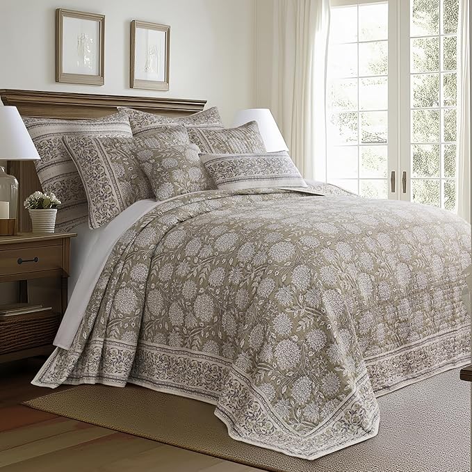 Levtex Home – Adare Taupe Bedspread Set – Twin Bedspread (80x106in.) and 1 Standard Sham (20x26in.) – Floral Botanical Design – Taupe and White – Reversible – Cotton
