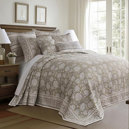 Levtex Home – Adare Taupe Bedspread Set – Twin Bedspread (80x106in.) and 1 Standard Sham (20x26in.) – Floral Botanical Design – Taupe and White – Reversible – Cotton