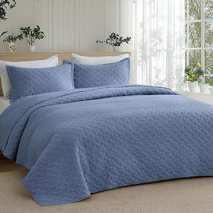 Bedsure Quilts Queen Size - Lightweight Bedspreads Queen Size with Basket Weave Pattern, Soft Quilt Bedding Set, Mineral Blue Comforter Set Coverlet for All Seasons with 2 Pillow Shams (90" x 96") | Skin-Friendly Soft, All-Season Comfort, Breathable, L...