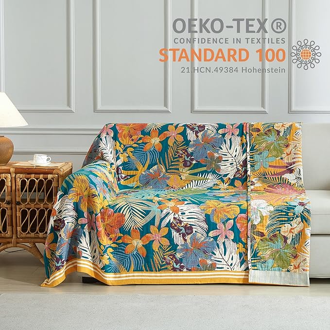 Boho Throw Blanket for Bed 90”x98”, 100% Cotton Woven Blanket for Couch Sofa, Ultra Soft 4-Layer Muslin Quilt with Floral Printed, Farmhouse Bed Blanket/Cover for Living Room Decor