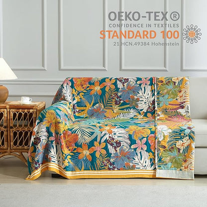 Boho Throw Blanket for Bed 90”x98”, 100% Cotton Woven Blanket for Couch Sofa, Ultra Soft 4-Layer Muslin Quilt with Floral Printed, Farmhouse Bed Blanket/Cover for Living Room Decor