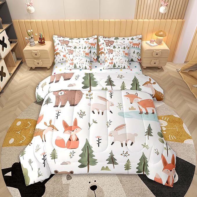 Feelyou Cartoon Animals Comforter Set 7 Pieces Full Size Cute Zoo Bear Fox Rabbit Bedding Set for Boys Girls Nature Bed in a Bag with Comforter, Sheets, Pillowcases & Cushion Covers
