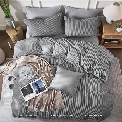 JELLYMONI Cotton Duvet Cover King Size - Black Vertical Pinstriped Comforter Cover with Button 100% Washed Cotton 3PCS Breathable Soft Solid Bedding Set Duvet Cover 104×90in & 2 Pillowcases