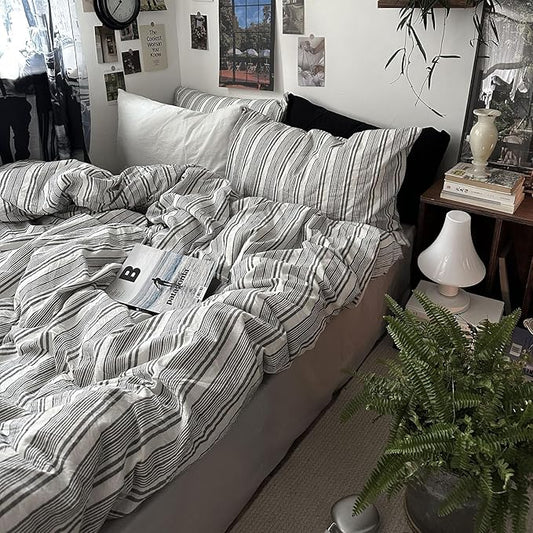 mixinni Washed Cotton Duvet Cover Twin Set - 3 Piece Gray & White Striped Bedding with Pillowcases | Vintage Industrial Style | 100% Cotton Soft Breathable-Twin Size