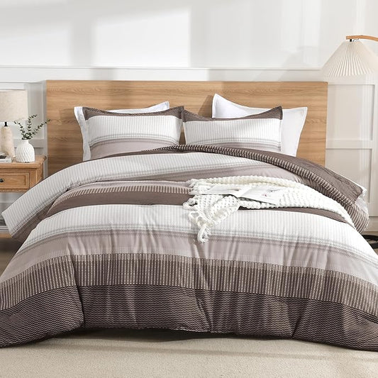 Litanika Comforter Set Queen Size Chocolate - 3 Pieces Lightweight Colorblock Stripe Fluffy Bedding Comforter Sets, All Season Bed Set