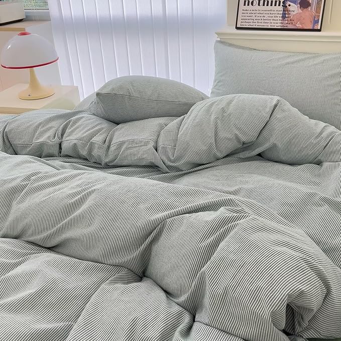 MKXI Ultra-Fine Stripe Duvet Cover Set Twin, 100% Washed Cotton Green & White Textured Bedding, 3 Piece Breathable Comfy Farmhouse Style Duvet Cover with Pillow Shams