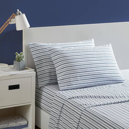 Nautica - Full Size Sheet Set, Crisp & Tailored Cooling Sheets with a Smooth Cotton Percale Lightweight Feel - Bed Sheets with Matching Pillowcases & Fitted Sheet (Coleridge Stripe Blue)