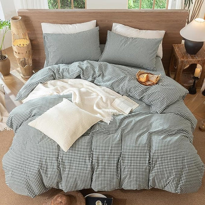 MooMee Gingham Duvet Cover Set 100% Washed Cotton Linen Like Textured Breathable Durable Soft Comfy Modern Checkered Design (Mini Gingham Forest Green, Palatial King/Oversized King 120"x98")