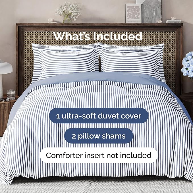Duvet Cover Cal King Size Set - Extra Soft Cal King Duvet Cover 104" x 98" with 2 Pillow Shams - Hotel Luxury, Easy Care & Fade Free w/ Zipper Closures & Ties - Comfy, Cozy & Breathable (Blue Stripes)