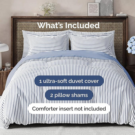 Duvet Cover Cal King Size Set - Extra Soft Cal King Duvet Cover 104" x 98" with 2 Pillow Shams - Hotel Luxury, Easy Care & Fade Free w/ Zipper Closures & Ties - Comfy, Cozy & Breathable (Blue Stripes)