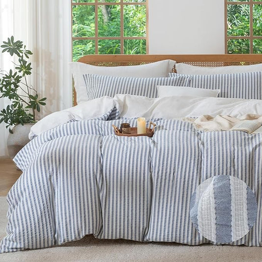 MILDLY Blue Striped Duvet Cover - 100% Washed Cotton Jacquard Boho Textured Comforter Cover 3pcs with Zipper Closure 80"x90"