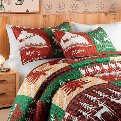 Whale Flotilla Patchwork Quilt King Size, Soft Boho Christmas Bedspreads for Bed Reversible Lightweight King Quilt Bedding Set Coverlets with 2 Pillow Shams for All Seasons, Happy Christmas