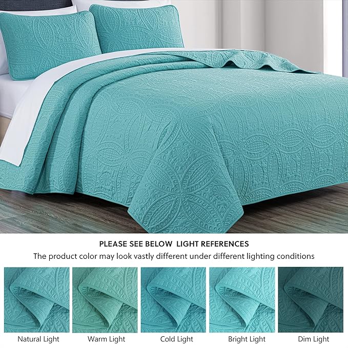 Chezmoi Collection Austin 3-piece Oversized Bedspread Coverlet Set (King, Turquoise) | Oversized, Lightweight, Fade Resistant