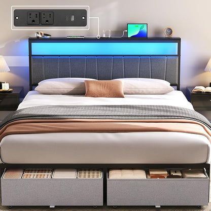 Queen Bed Frame with Storage Drawers and Charging Station, Grey | Upholstered Platform Bed with LED Lights, Headboard Storage Shelf, Noise Free, Metal Support, No Box Spring Needed