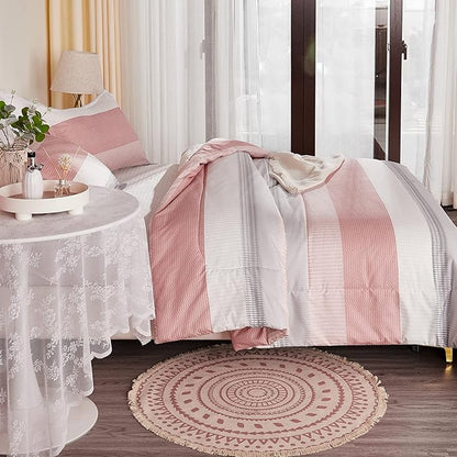 Litanika Pink Full Size Comforter Sets for Girls, 3 Pieces Blush White Colorblock Women Lightweight Bedding Comforter Set
