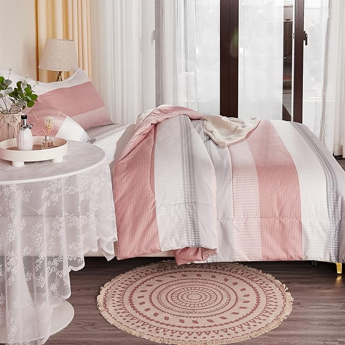 Litanika Pink Comforter Set Queen, 3 Pieces Blush White Colorblock Lightweight Bedding Comforter Set