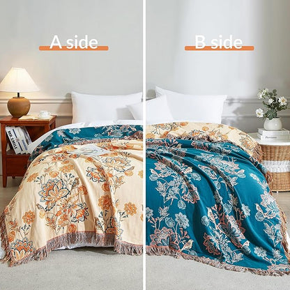 Boho Throw Blanket for Bed 60”x80”, 100% Cotton Woven Blanket for Couch Sofa, Ultra Soft 4-Layer Muslin Quilt with Floral Printed, Farmhouse Bed Blanket/Cover for Living Room Decor