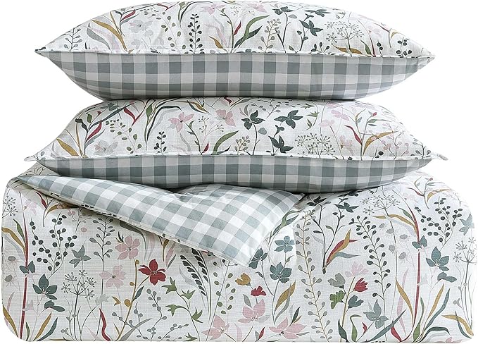Eddie Bauer - King Comforter Set, Reversible Cotton Bedding with Matching Shams, Classic Floral Home Decor with Plaid Reverse (Woodland Forest Grey, King)