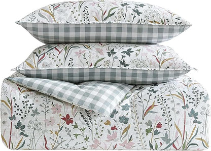 Eddie Bauer - King Comforter Set, Reversible Cotton Bedding with Matching Shams, Classic Floral Home Decor with Plaid Reverse (Woodland Forest Grey, King)