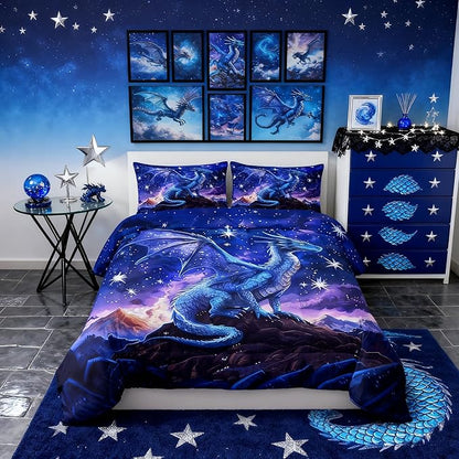 Dragon Comforter Set King Size,Starry Sky Mountains Bedding Set for Kids Girls Boys Room Decor,Blue Purple Western Magical Quilt Set 3Pcs,Wild Animal Trippy Duvet Insert,2 Pillowcases
