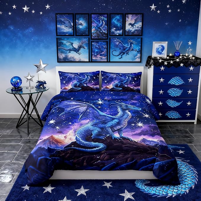 Dragon Comforter Set Queen Size,Starry Sky Mountains Bedding Set for Kids Girls Boys Room Decor,Blue Purple Western Magical Quilt Set 3Pcs,Wild Animal Trippy Duvet Insert,2 Pillowcases