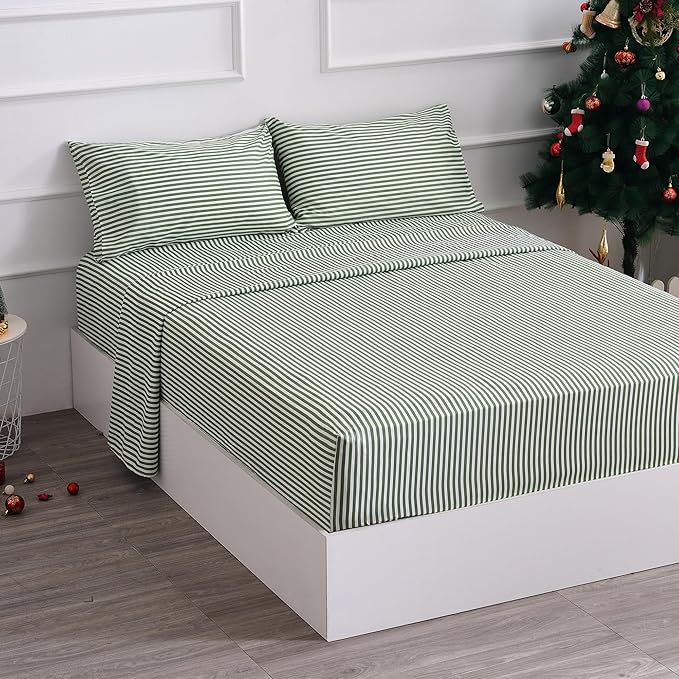 Best Season Bed Sheet Set 4 Piece -Full Size-Soft Durable Microfiber Bedding Sheet Set,Deep Pocket,Stain,Fade & Wrinkle Resistant Green and White Pinstripe (Stripe Grass Green)