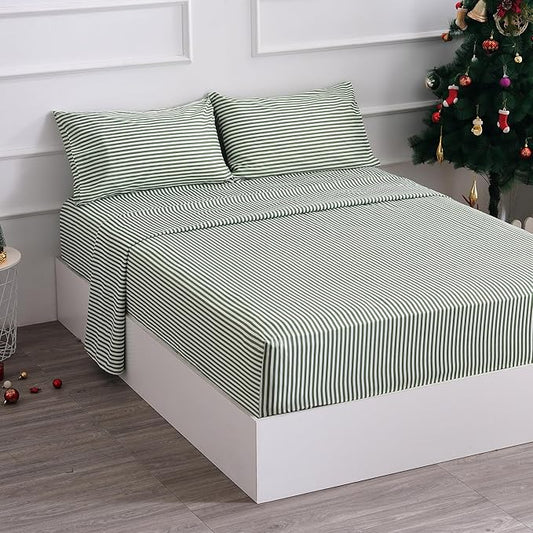 Best Season Bed Sheet Set 4 Piece -Full Size-Soft Durable Microfiber Bedding Sheet Set,Deep Pocket,Stain,Fade & Wrinkle Resistant Green and White Pinstripe (Stripe Grass Green)