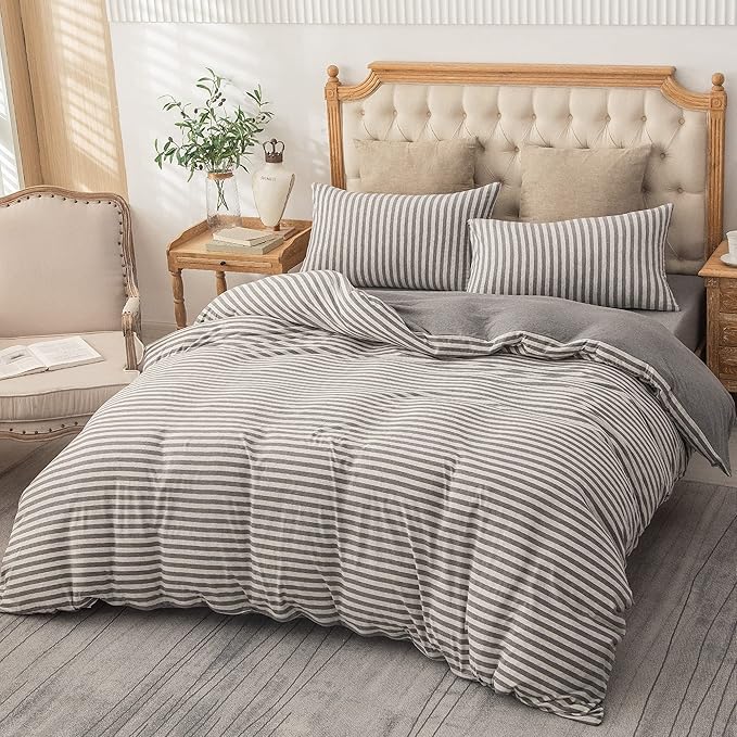 PURE ERA Jersey Knit Duvet Cover Set 100% T-Shirt Heather Cotton Super Soft Comfy Classic Striped Design, with Zipper Closure, Grey Stripe, King
