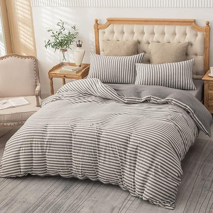 PURE ERA Jersey Knit Duvet Cover Set 100% T-Shirt Heather Cotton Super Soft Comfy Classic Striped Design, with Zipper Closure, Grey Stripe, King