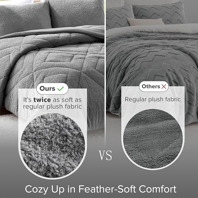 Comfort Spaces Queen Comforter Set Reversible Feather-Soft Plush Comforters for Queen Size Bed All Season Lightweight Shearling Fleece Sherpa Comforter Queen Size Bed Set, Full/Queen, Grey 3 Piece