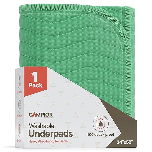 Washable Underpads Extra Large 34"x52" (Pack of 1) – Reusable Waterproof Bed Pads for Adults & Seniors, Extra Heavy Absorbency Incontinence & Bedwetting Pads, Soft Non-Slip TPU Backing, Green.