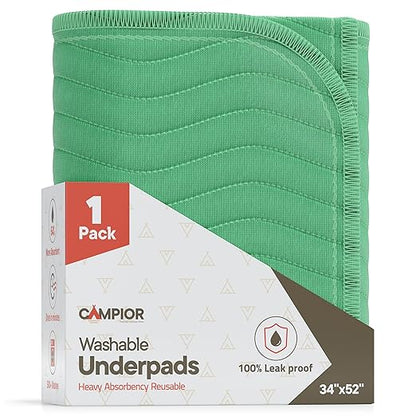 Washable Underpads Extra Large 34"x52" (Pack of 1) – Reusable Waterproof Bed Pads for Adults & Seniors, Extra Heavy Absorbency Incontinence & Bedwetting Pads, Soft Non-Slip TPU Backing, Green.