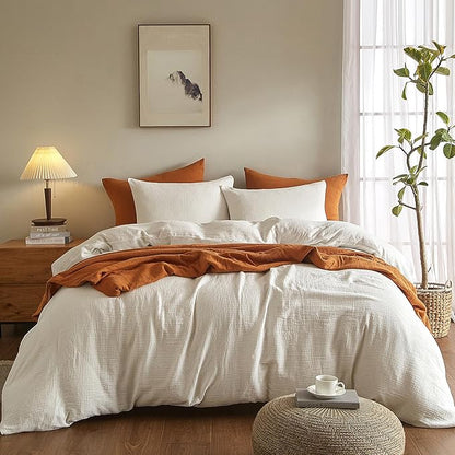 SE SOFTEXLY Muslin Duvet Cover Queen Size, 100% Washed Cotton Duvet Cover Set, Ultra Soft Comforter Cover Linen Like, 3 Pieces Minimalist Gauze Duvet Cover with 2 Pillowcases, 90"x90", White