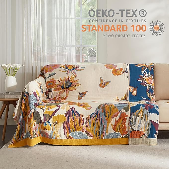 Boho Throw Blanket for Bed 50”x60”, 100% Cotton Woven Blanket for Couch Sofa, Ultra Soft 4-Layer Muslin Quilt with Floral Printed, Farmhouse Bed Blanket/Cover for Living Room Decor